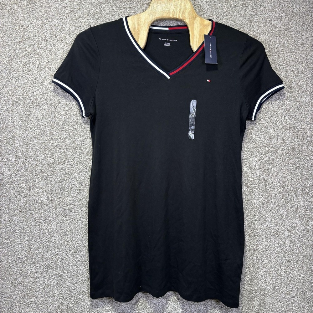 NWT Tommy Hilfiger Shirt Womens XL Black V Neck Ringer Flag Logo Tee Top Cotton